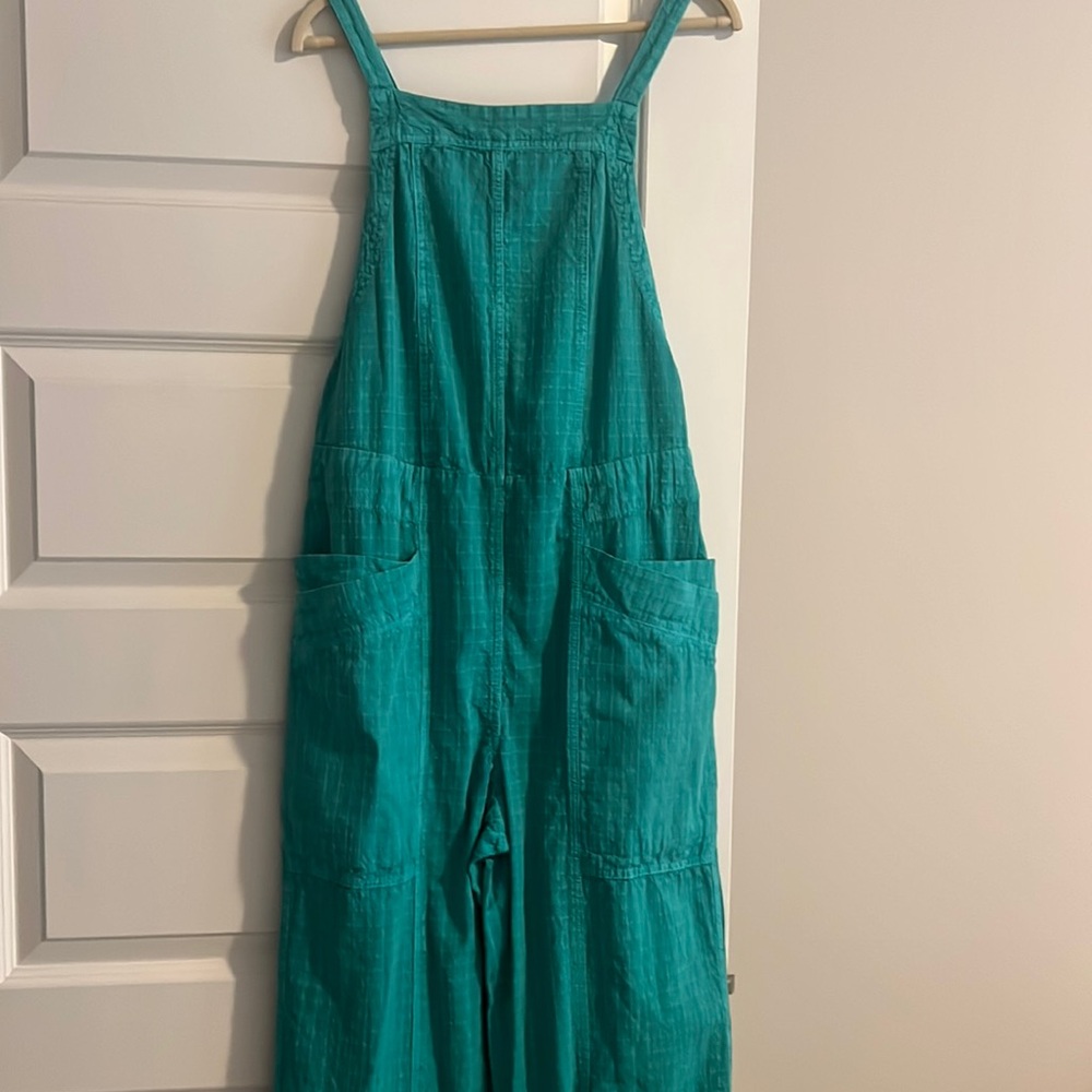 Free People new Aqua teal Green overalls wide leg tie back Small S textured grid